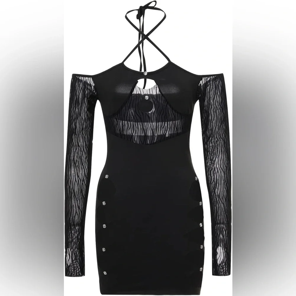 Women‎ Cut Out Bodycon Mini Dress Long Sleeve Night Party Club E Girl Streetwear - Picture 5 of 5